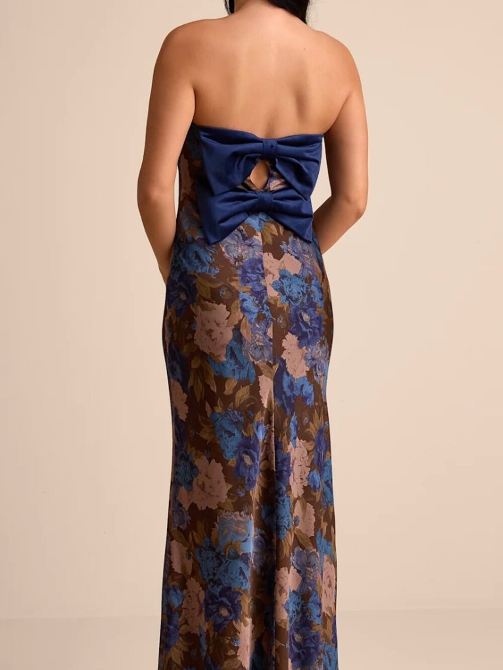 NWT Artemisia Brown Multi Floral Strapless Bow Maxi Dress - Picture 8 of 9